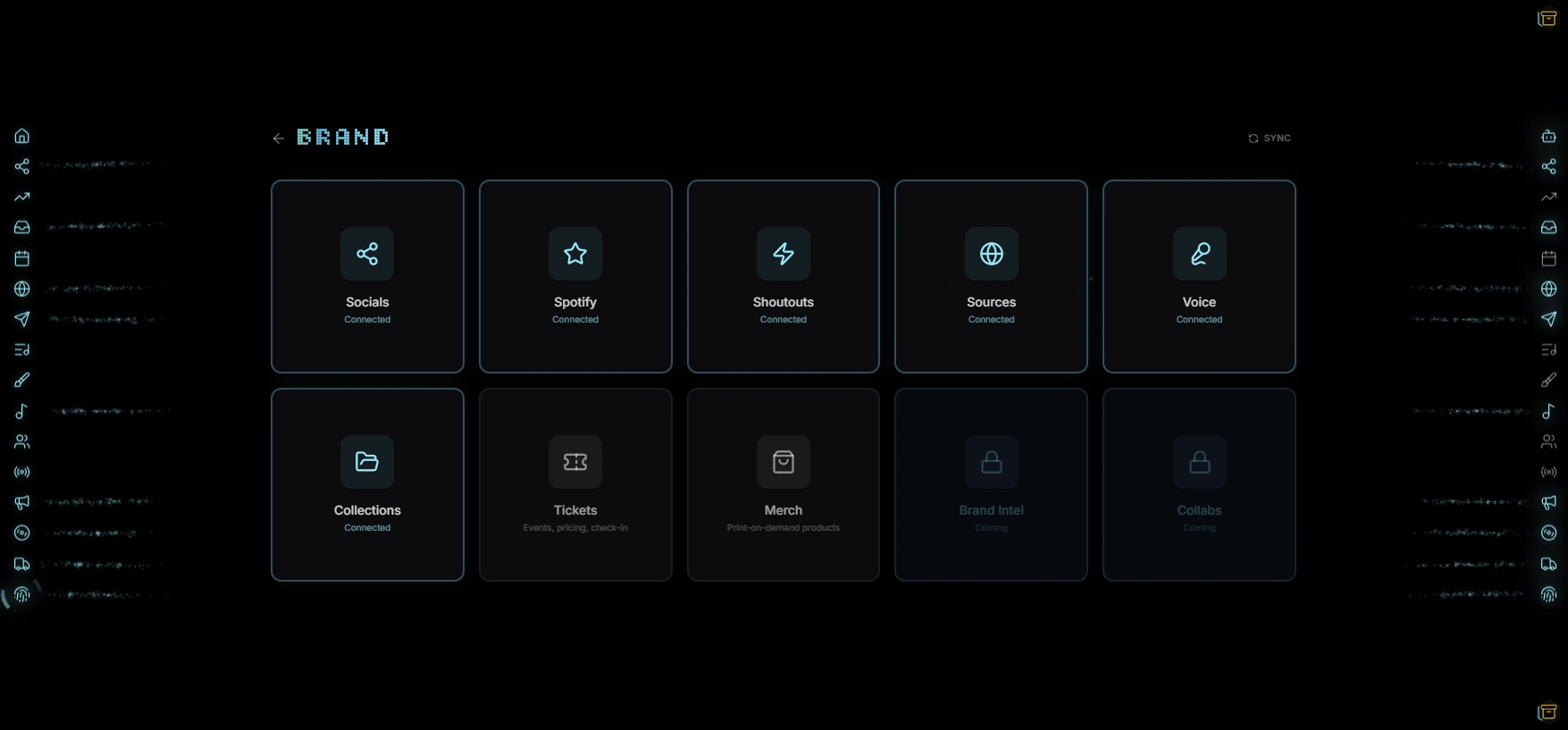 Brand hub with Socials, Spotify, Shoutouts, Collections, Tickets, and Merch modules in the Indiependr dashboard