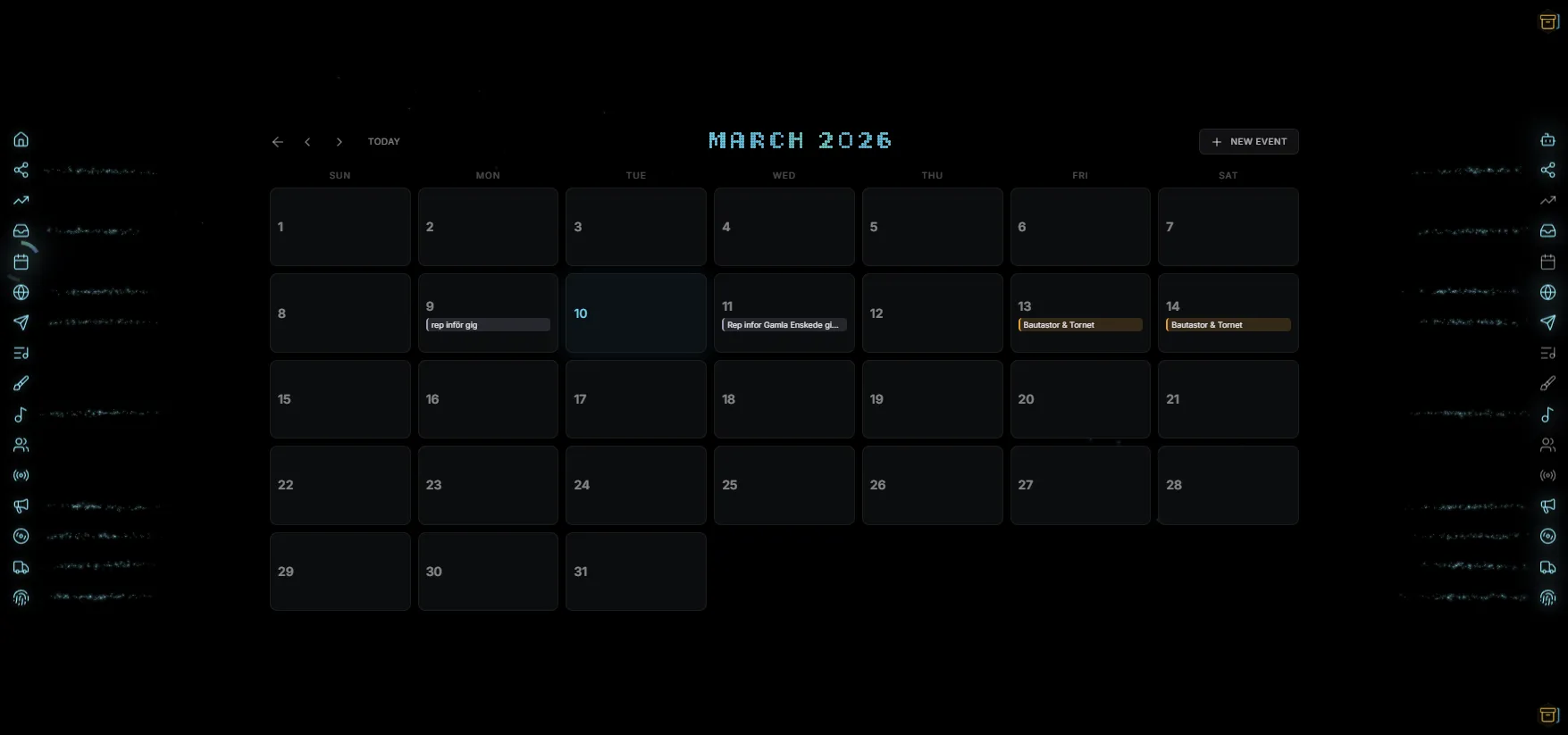 Calendar view showing rehearsals, gig dates, and event scheduling in the Indiependr dashboard