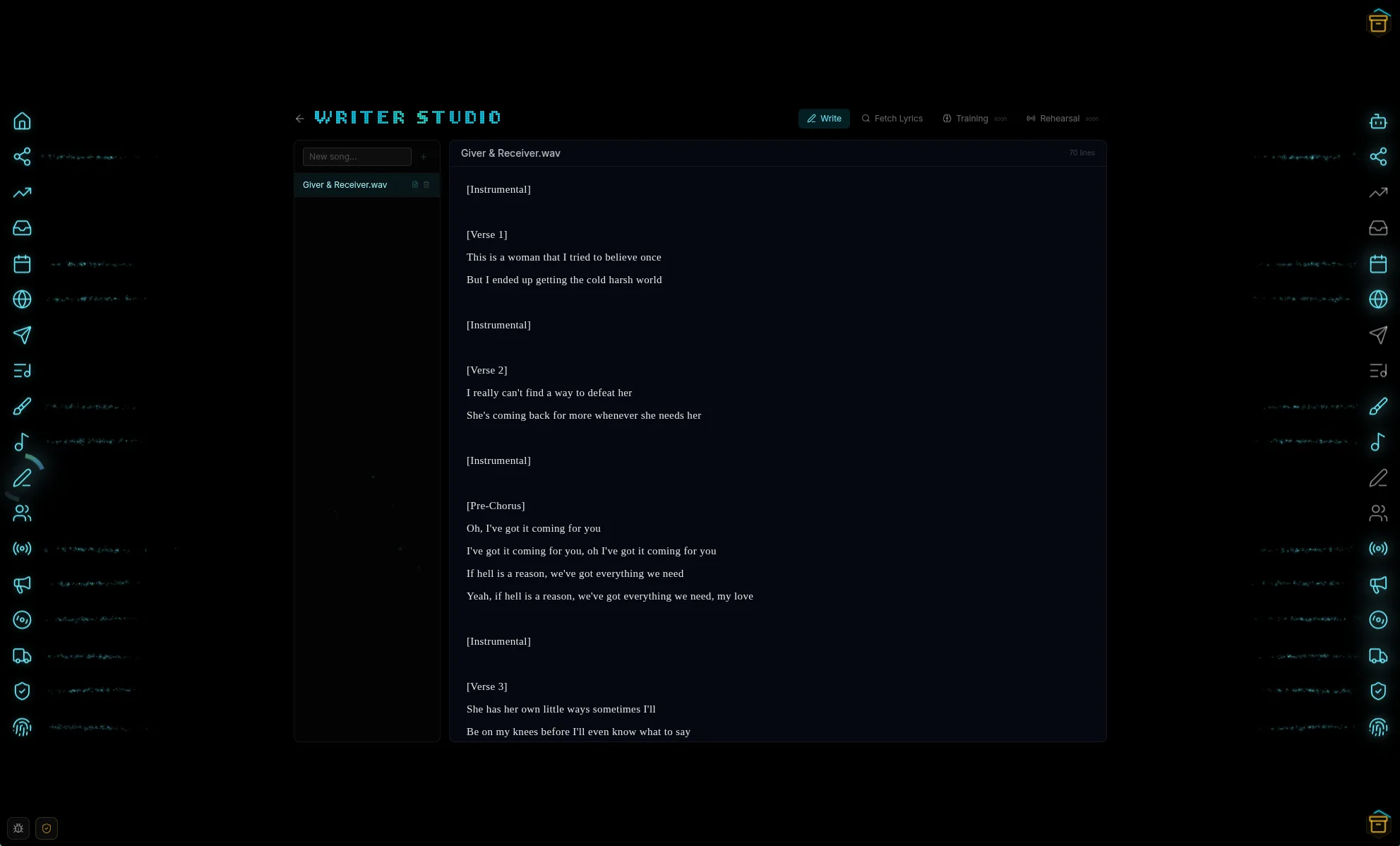 Writer Studio with lyrics editor