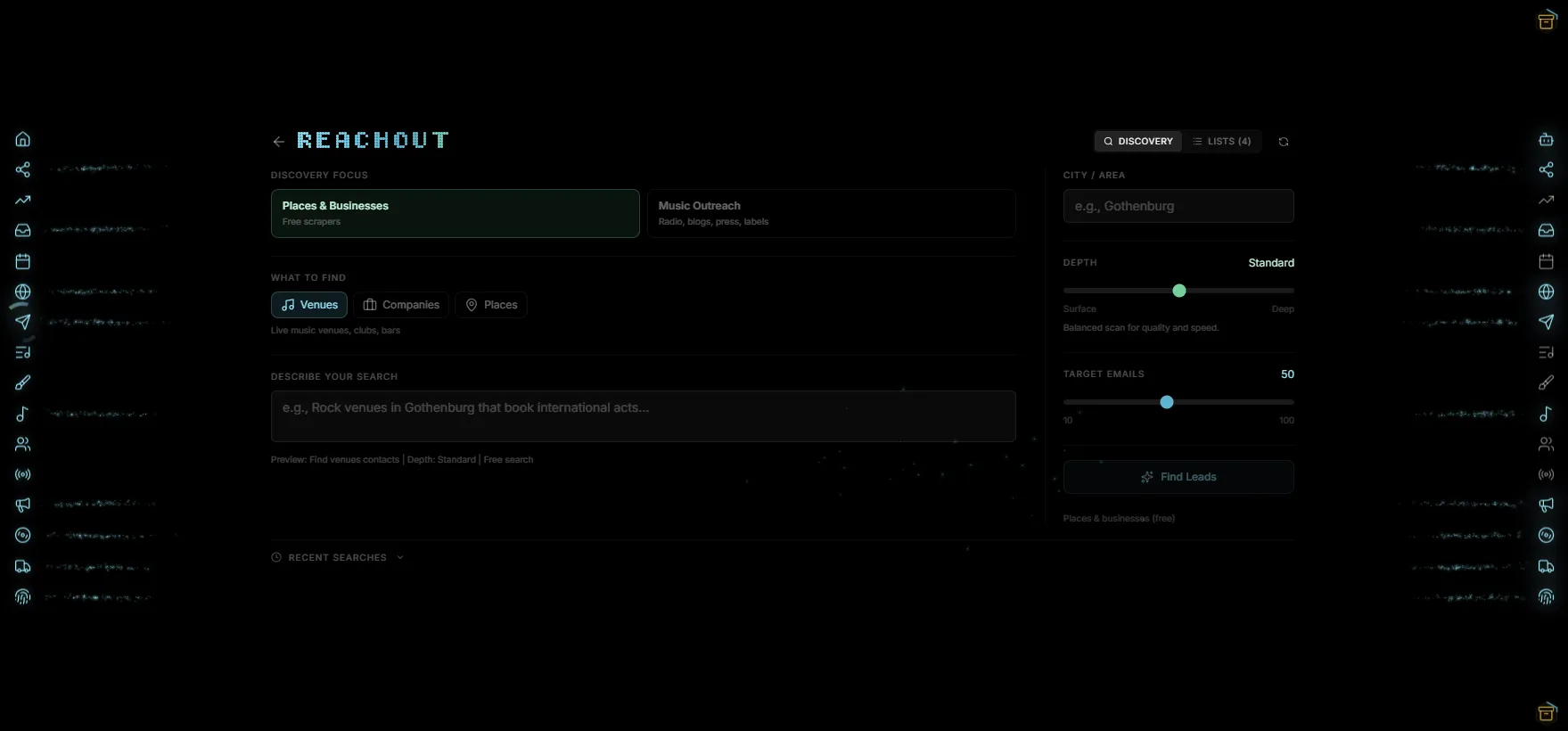 Reachout discovery interface for finding venues, companies, and places by city in the Indiependr dashboard