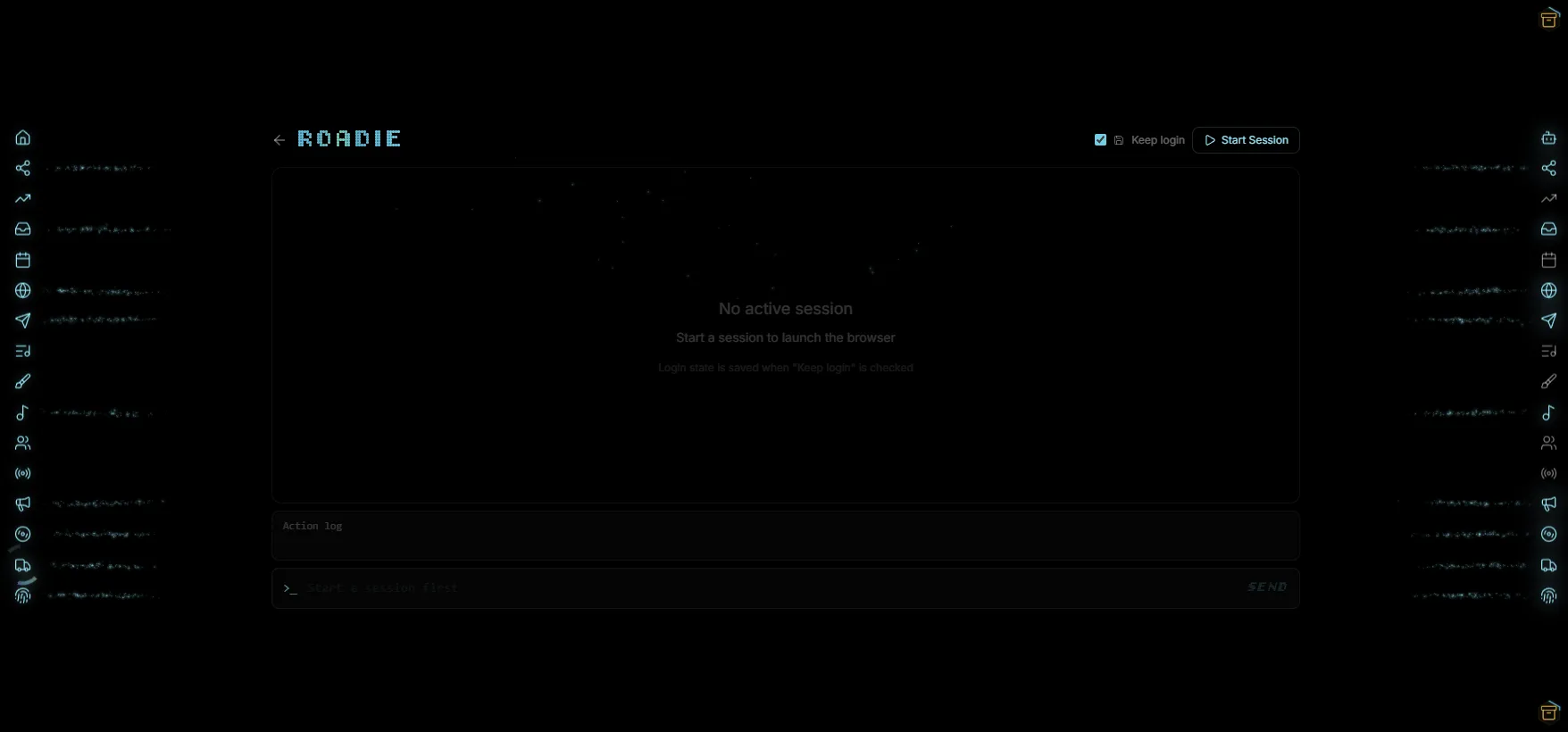 Roadie AI outreach agent browser session interface in the Indiependr dashboard