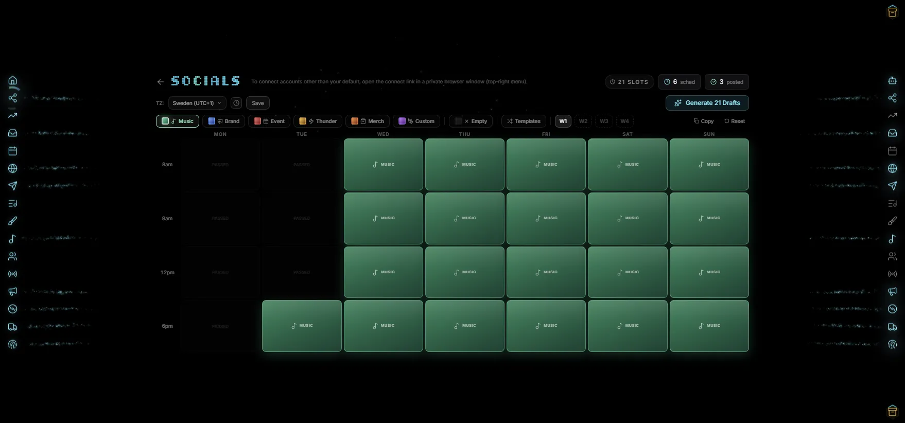 Social media calendar with automated weekly posting schedule in the Indiependr dashboard