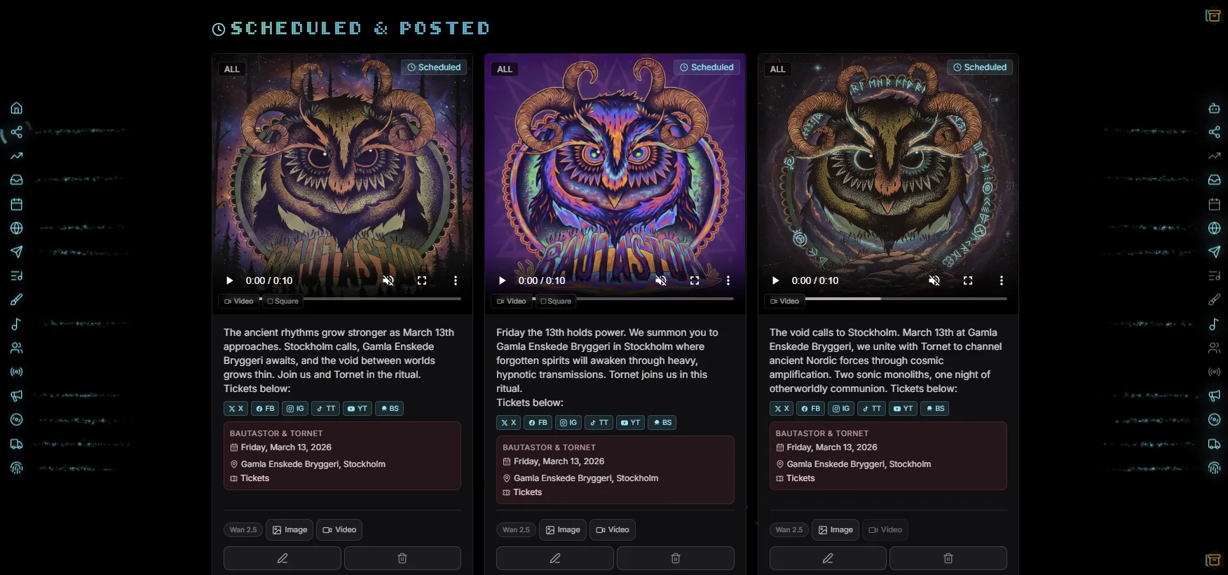 Scheduled social posts with AI-generated psychedelic artwork in the Indiependr dashboard